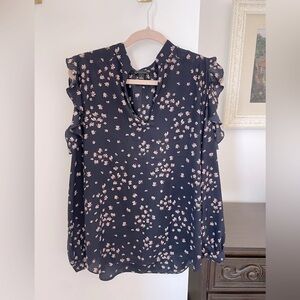 Ann Taylor Navy Cream Floral V Neck Cold Shoulder Ruffled Blouse Size M